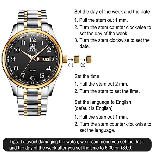 Gold Silver Black Stainless Steel Analog Quartz Watch with Day and Date X38850