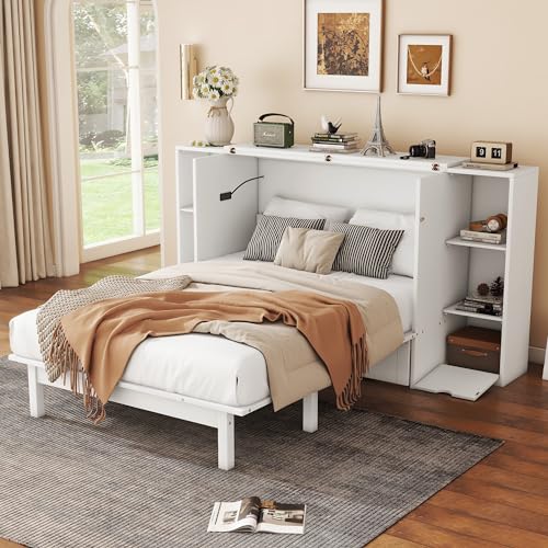 White Solid Wood Murphy Wall Bed with Storage and Bookcase Headboard O17398