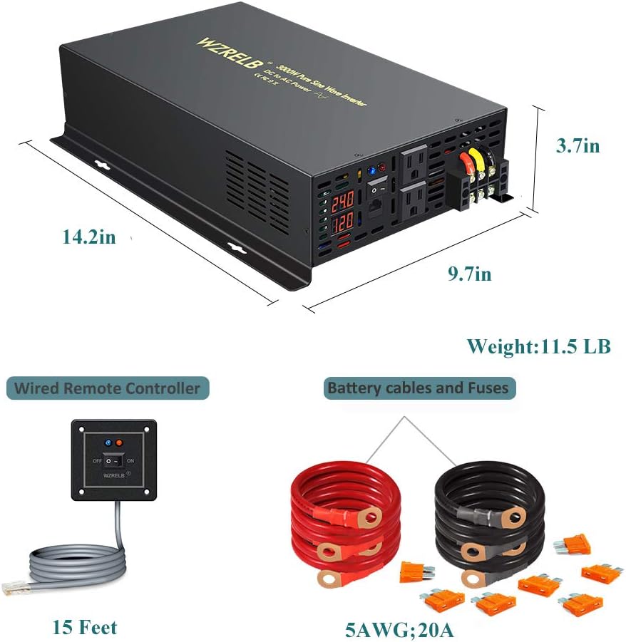 3000 Watt 24V DC Pure Sine Wave Power Inverter with Remote Control Switch, Dual 110V 120V AC Outlets N2619
