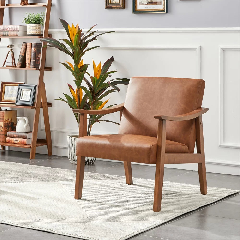 Light Brown Faux Leather Armchair with Solid Wood Legs A4135