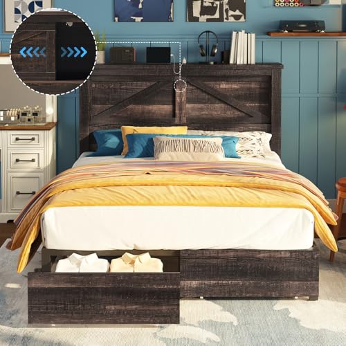 Grey King Bed Frame with Storage Drawers and Bookcase Headboard N95195
