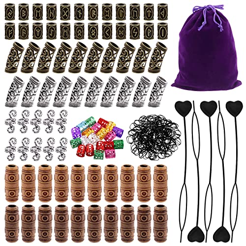 300Pcs Viking Rune Beads Hair Beard Beads Set including 5Pcs Black Pull Hairpin Quick Beader Hairpins and 200Pcs Black Rubber Bands with a Bag R3086