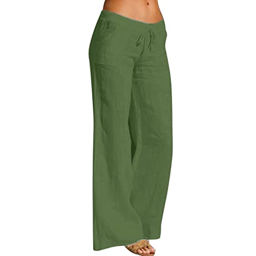 Women Linen Cotton Elastic Waist Drawstring Long Wide Leg Pants R8054