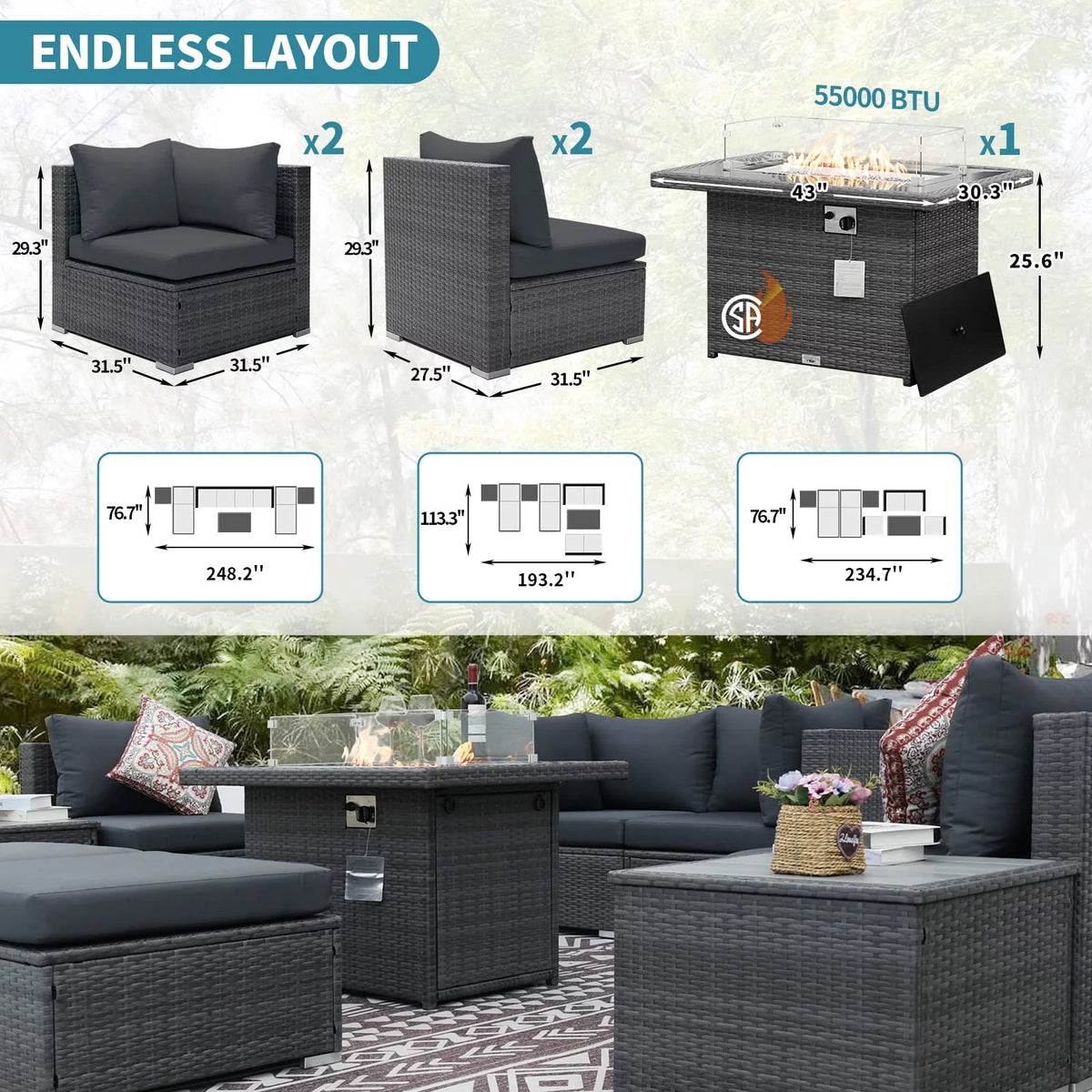 9 Piece Wicker Rattan Patio Sofa Set with Fire Pit Table Q5033