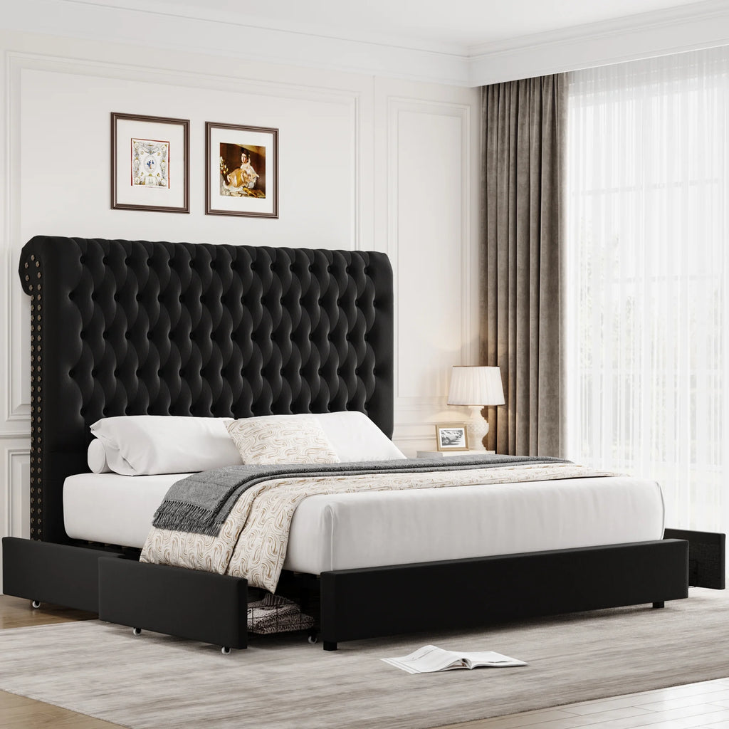 Queen Size Upholstered Storage Bed with Tall Headboard and Drawers C147727