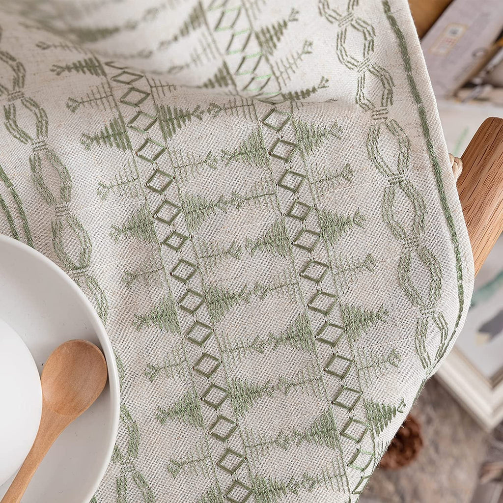 Sage on Beige Semi Sheer Linen Curtains 84 Inch Grommet 2 Panels L891606