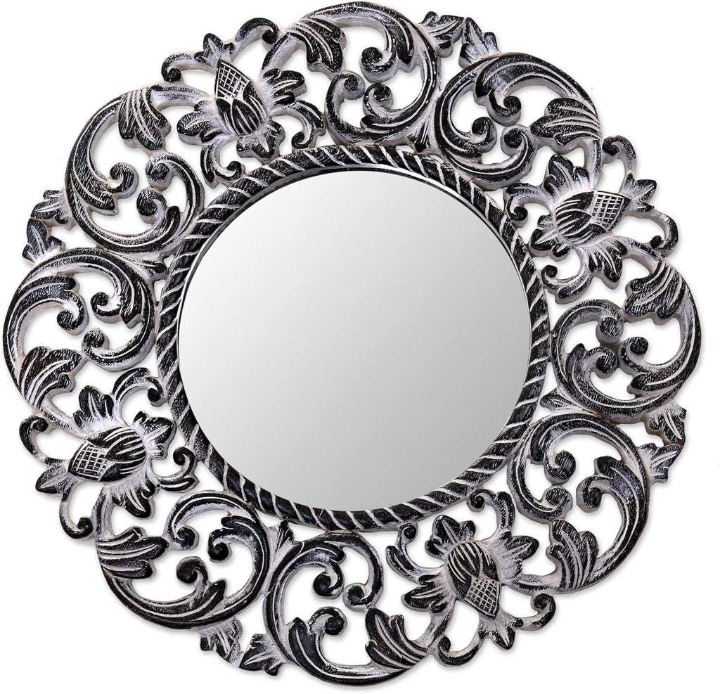 Black and White Floral Wood Wall Mounted Mirror M755