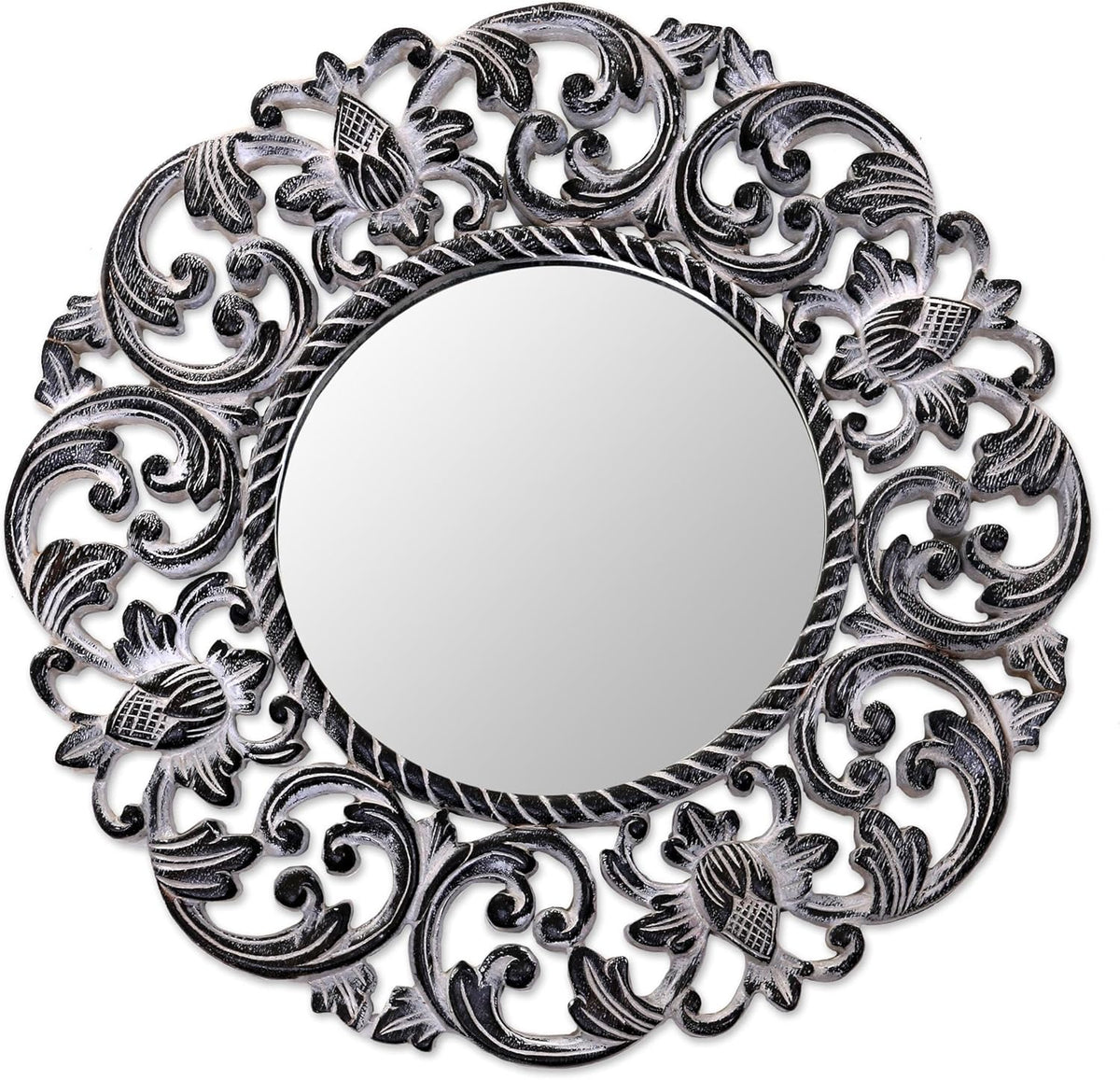 Black and White Floral Wood Wall Mounted Mirror M755