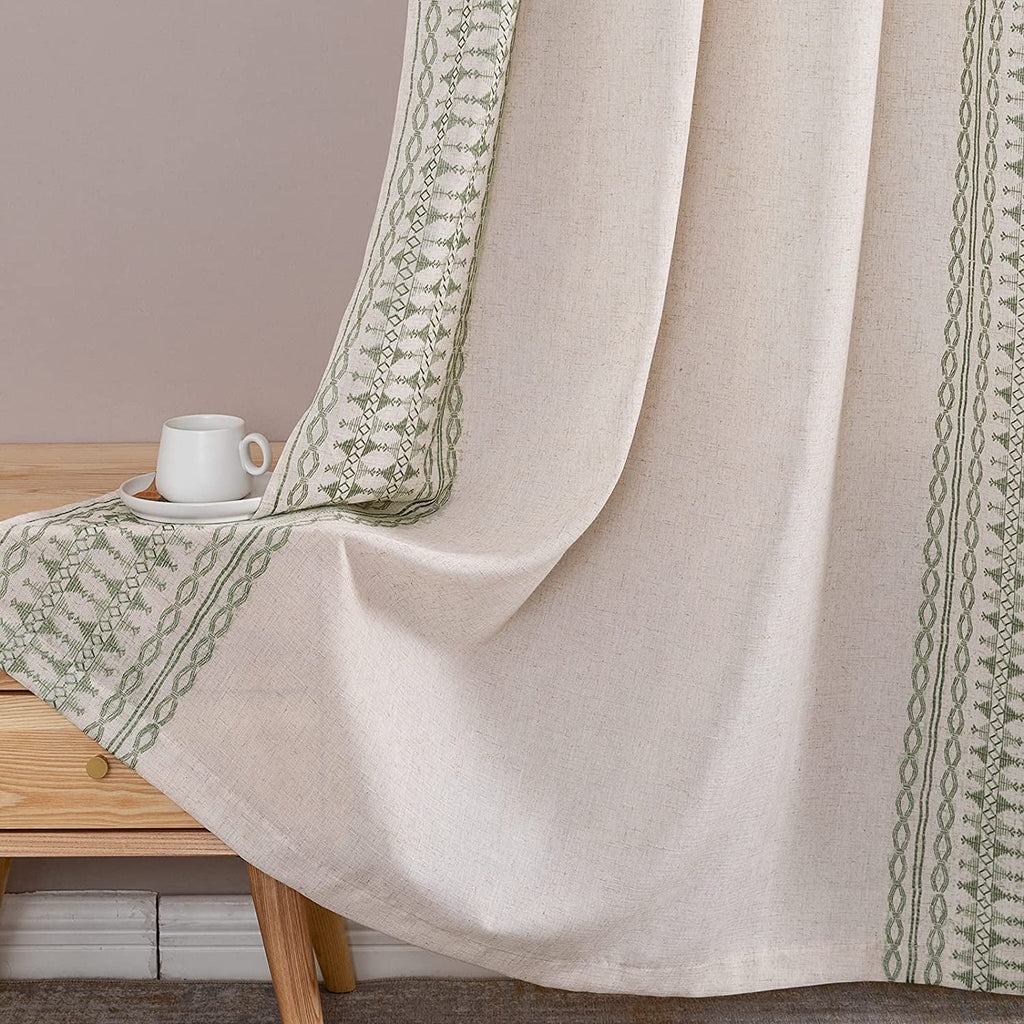 Sage on Beige Semi Sheer Linen Curtains 84 Inch Grommet 2 Panels L891606