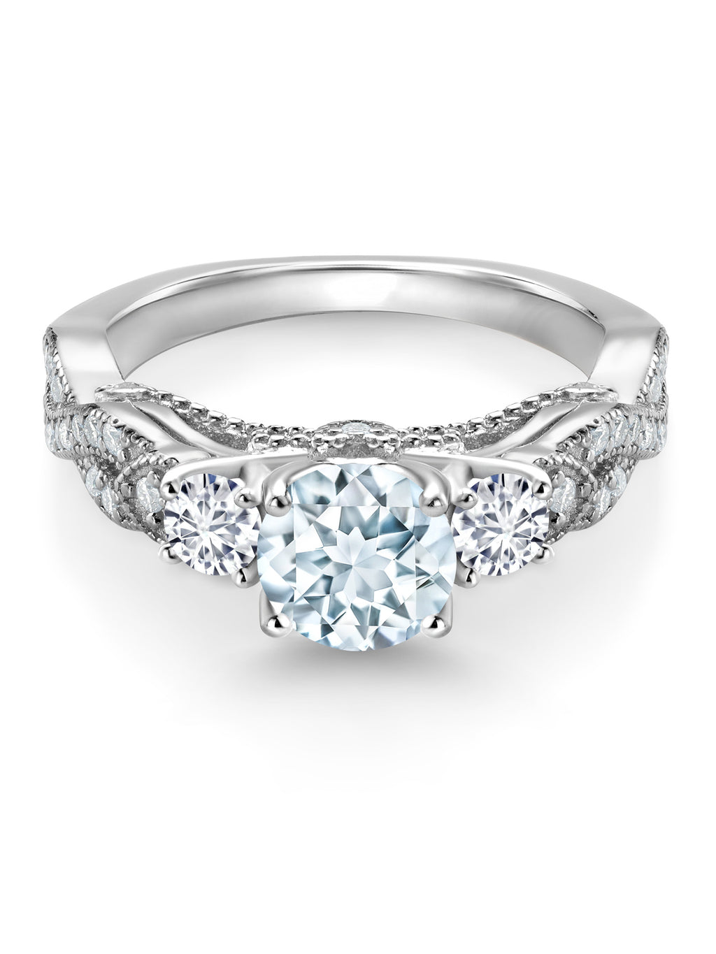 925 Sterling Silver Sky Blue Aquamarine White Diamond White Moissanite Engagement Ring M719