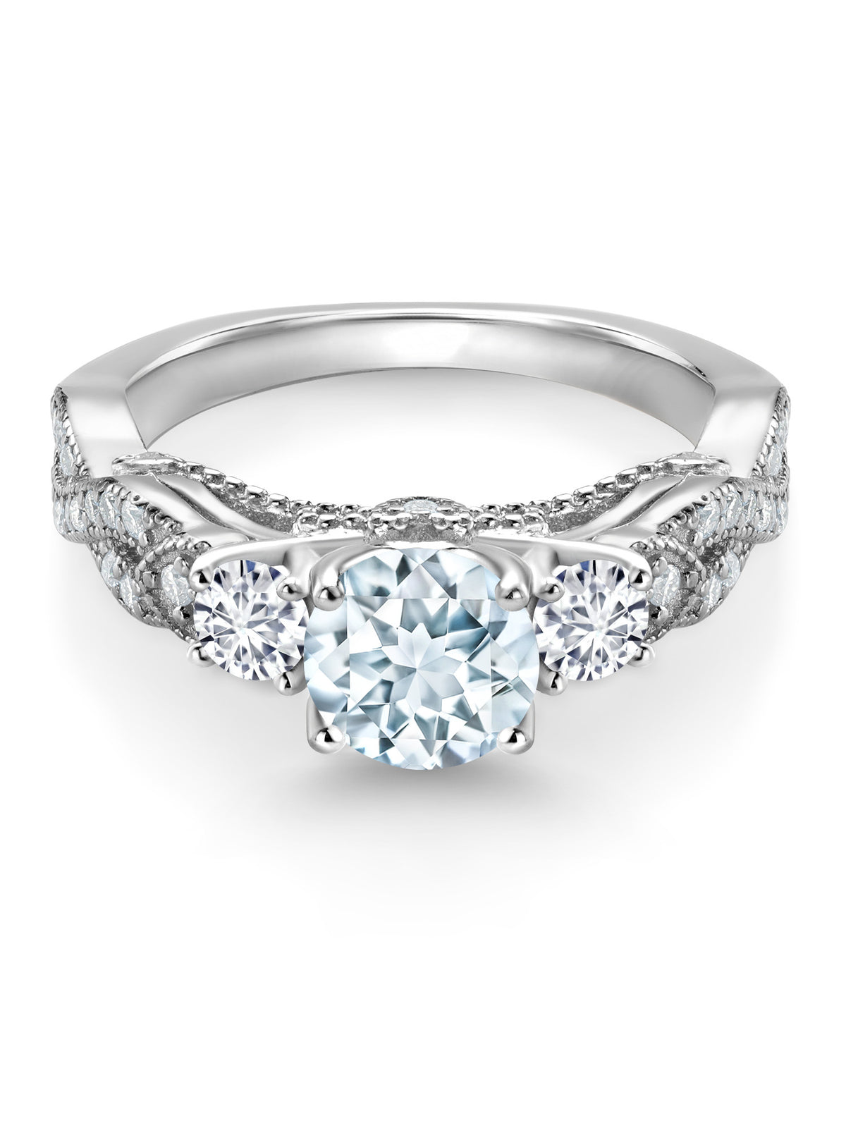 925 Sterling Silver Sky Blue Aquamarine White Diamond White Moissanite Engagement Ring M719
