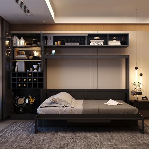 Queen Murphy Bed with Couch and Storage Shelves, Charging Station, LED Light, Wood Foldable Wall Bed Cabinet with Sofa and Storage Cabinet, Bookcase, Wine Rack (White) D3297