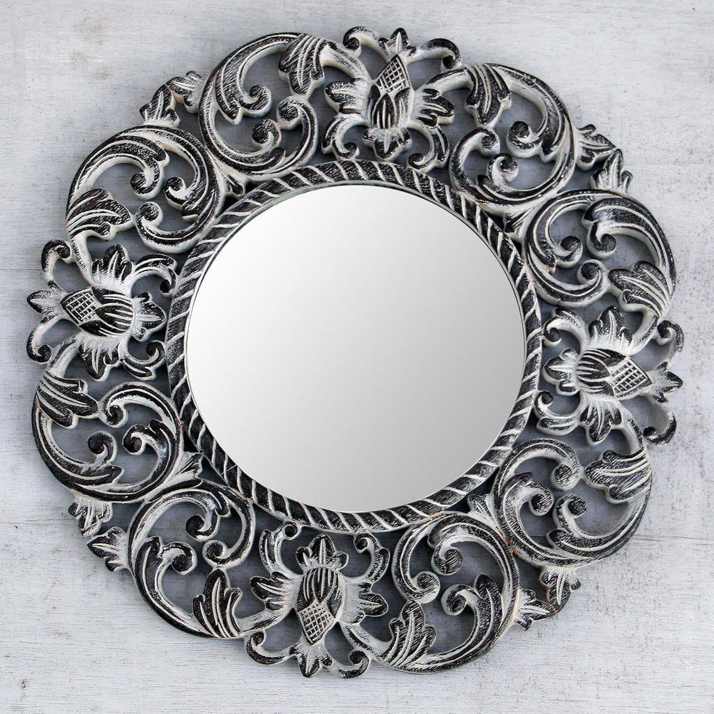 Black and White Floral Wood Wall Mounted Mirror M755