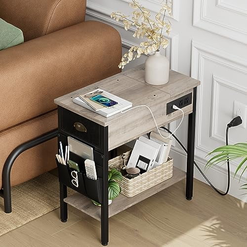 Set of 2 Black Narrow End Tables with Charging Station P28074