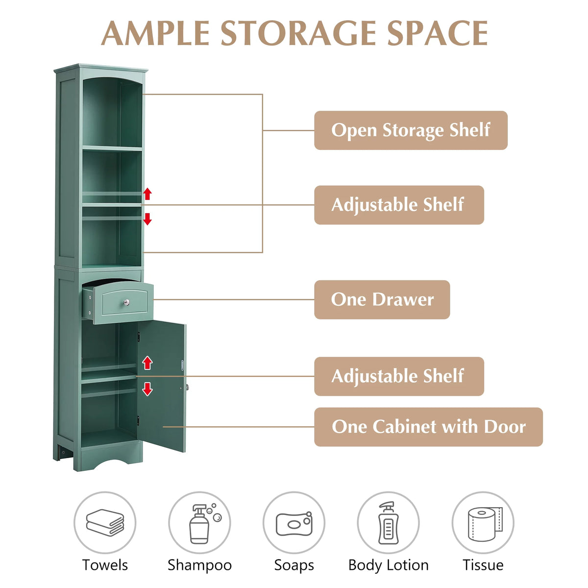 Tall Green MDF Bathroom Storage Cabinet with Drawer T1182