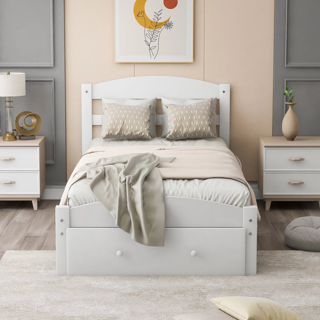 White Pine Wood Twin Bed with Storage Drawer G58159