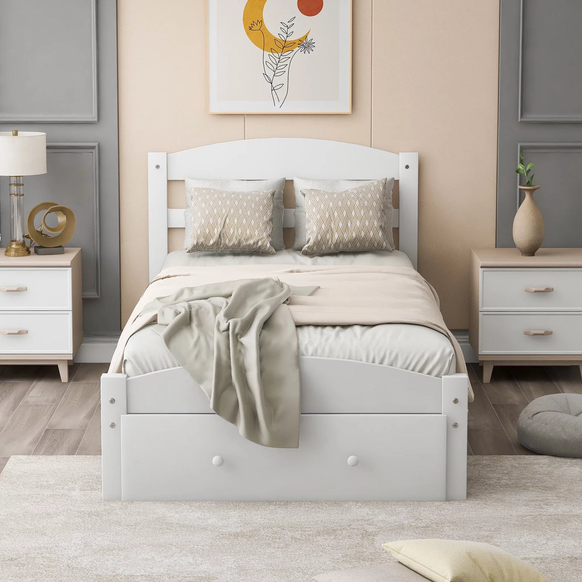 White Pine Wood Twin Bed with Storage Drawer G58159