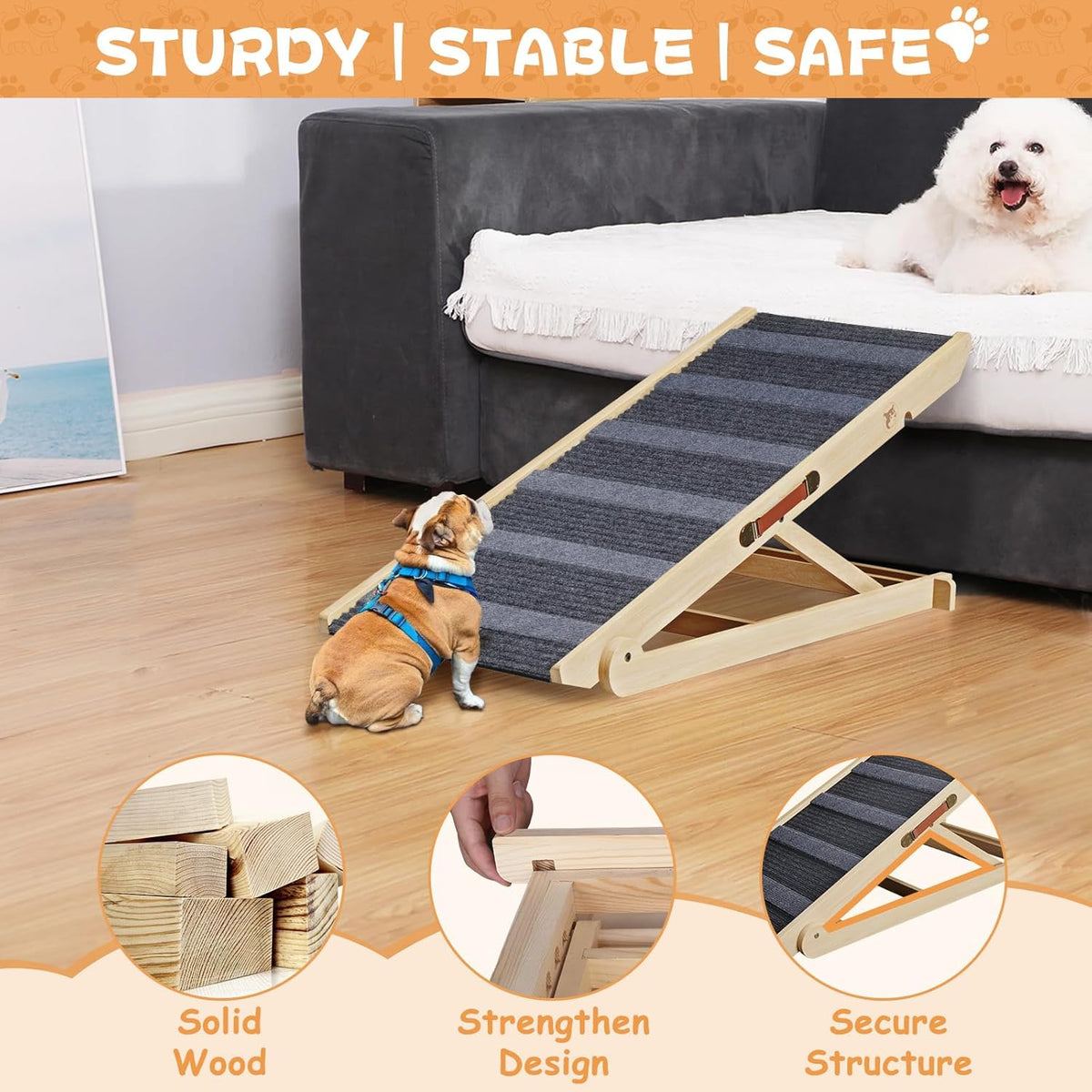 Folding Wooden Pet Ramp, 7 Adjustable Height from 10.8" to 26.6", Supports Up to 200lbs K1834