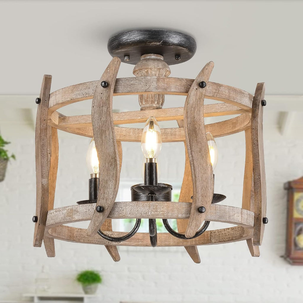 4 Light Wood Drum Chandelier M66013