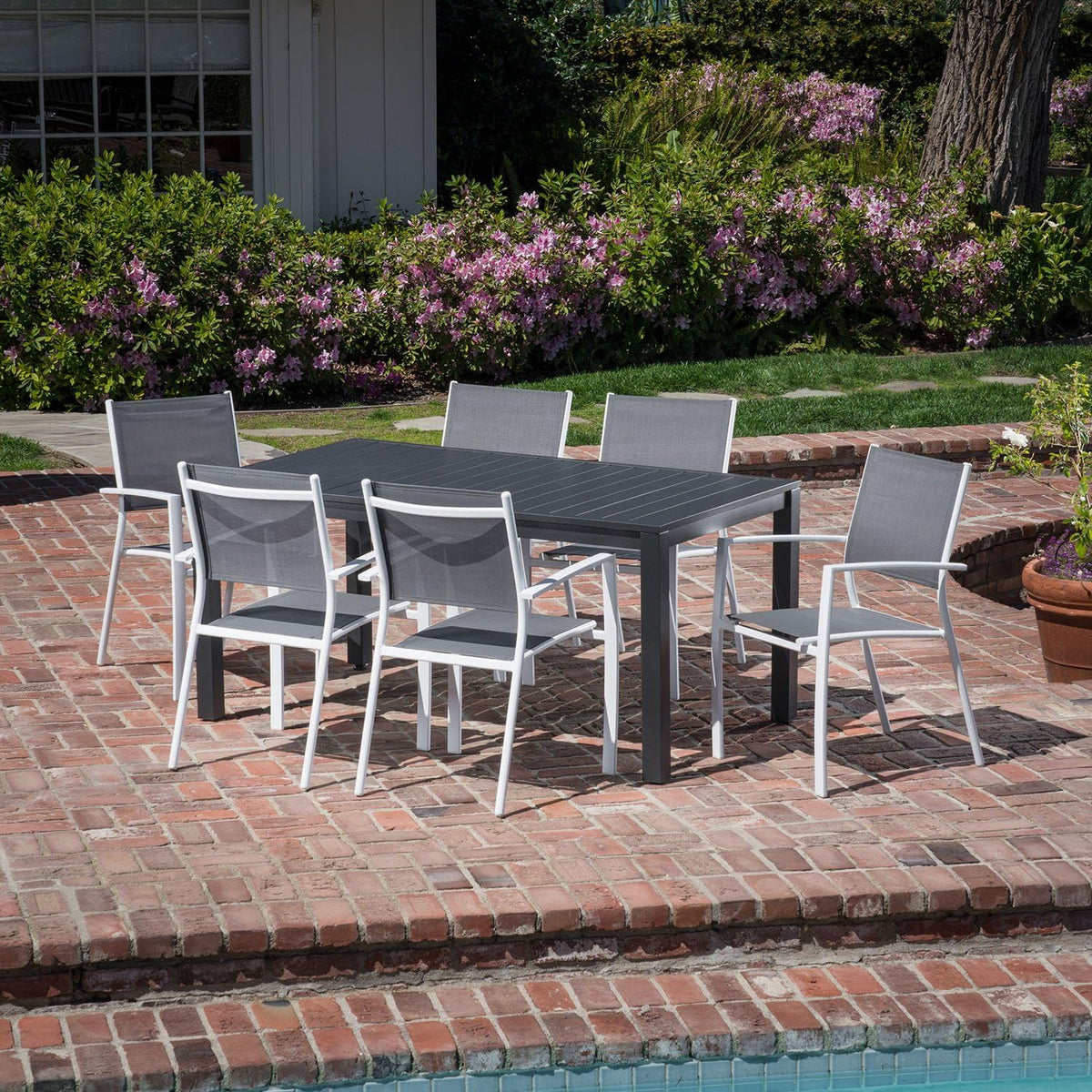 7-Piece Gray White Sling Chairs and Dining Table Outdoor Furniture C6991
