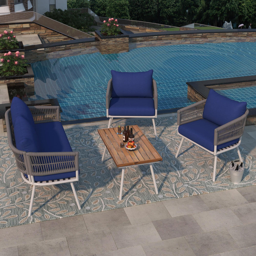 4-Piece Boho Rope Patio Furniture Set with Wood Table L7004