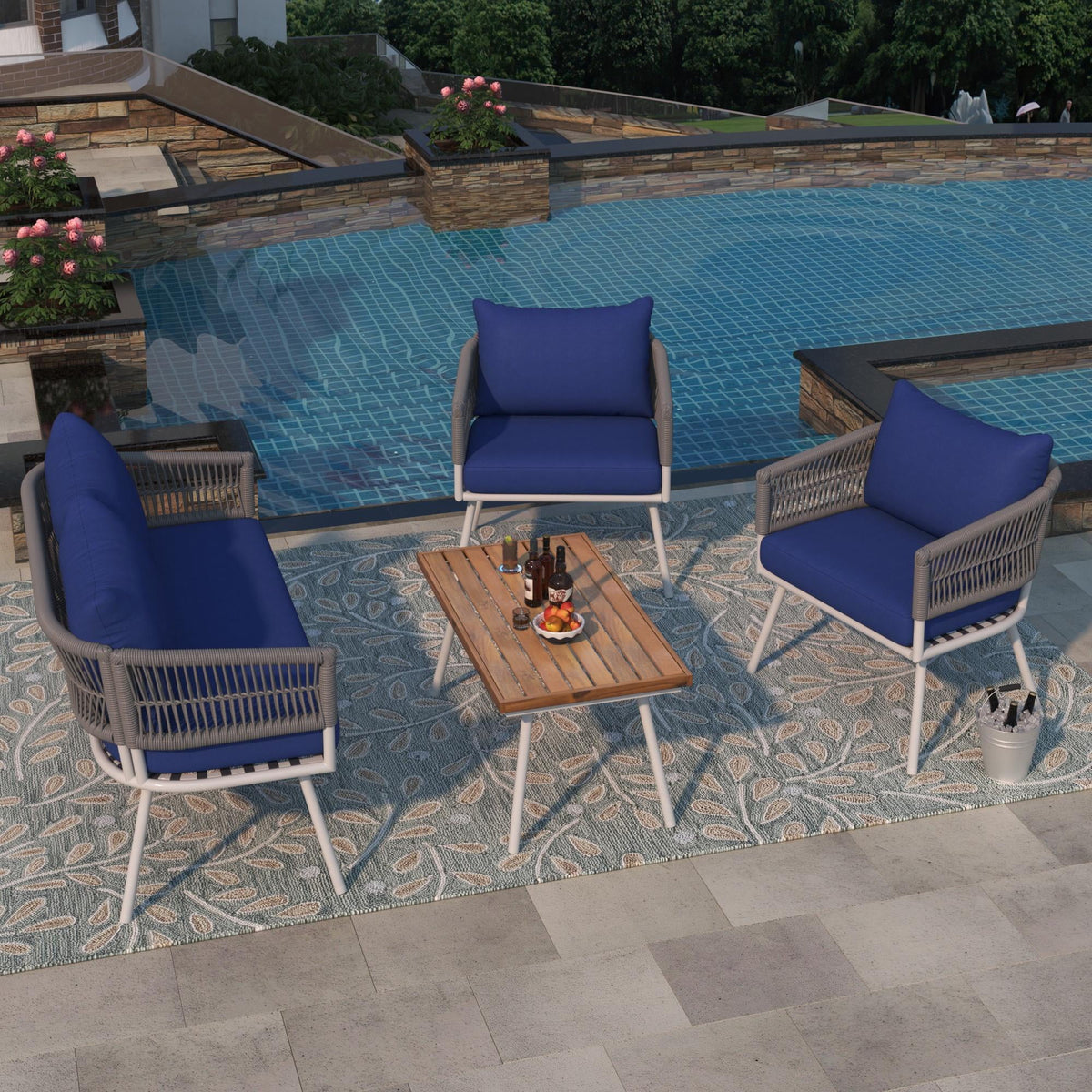 4-Piece Boho Rope Patio Furniture Set with Wood Table L7004