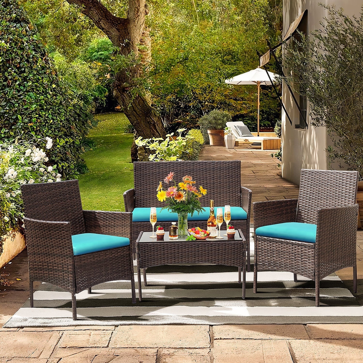 4 Piece PE Rattan Wicker Patio Table and Chairs Set with Cushions J6159