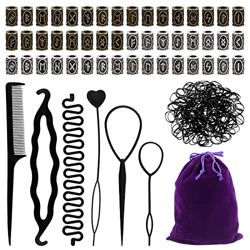 300Pcs Viking Rune Beads Hair Beard Beads Set including 5Pcs Black Pull Hairpin Quick Beader Hairpins and 200Pcs Black Rubber Bands with a Bag R3086
