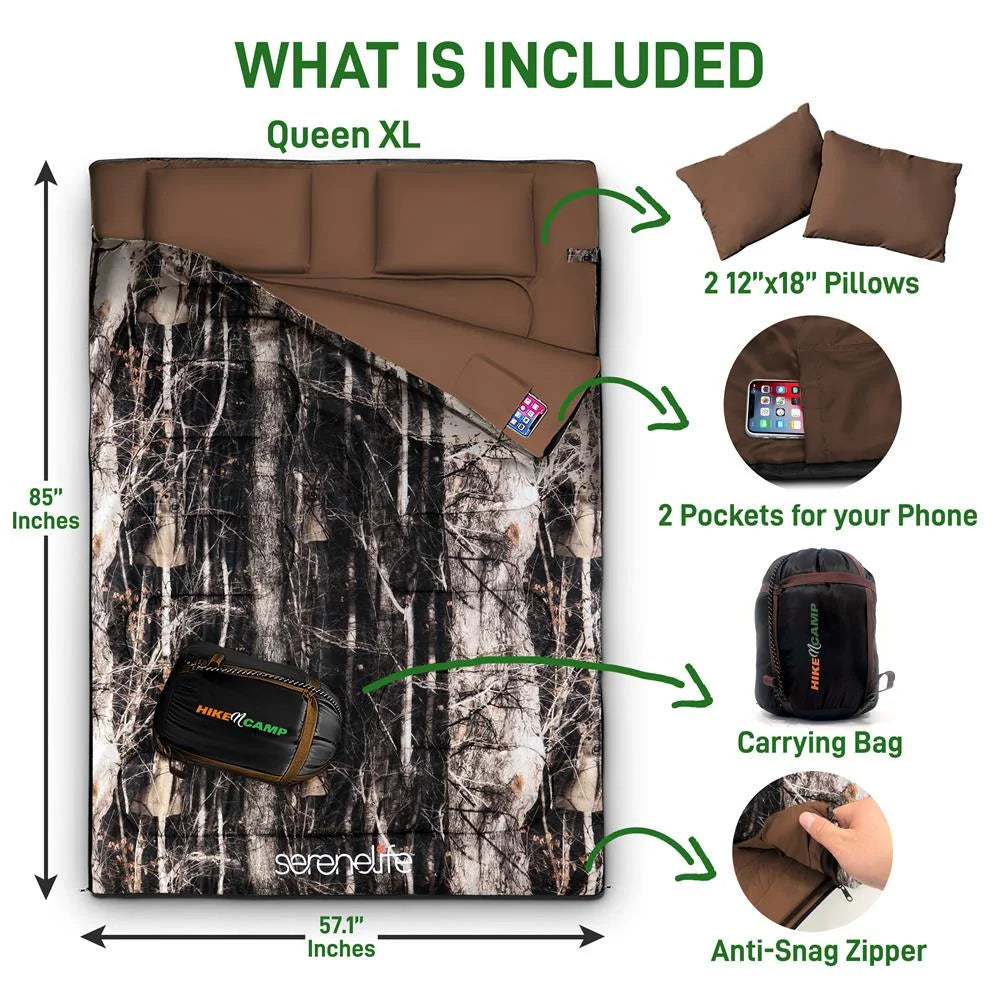 Double Sleeping Bag with Two Pillows, Lightweight & Waterproof, Includes Carrying Bag U82552