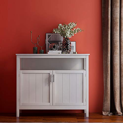 White Solid Wood Buffet Table with 2 Doors and Shelves S823992
