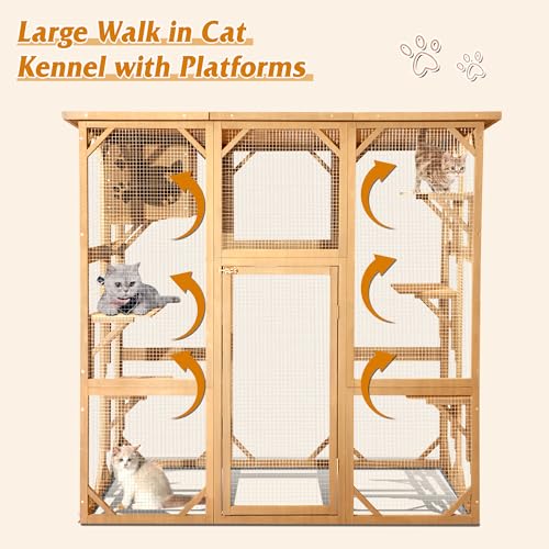 Large Outdoor Wooden Cat Enclosure with Platform and Small House B700