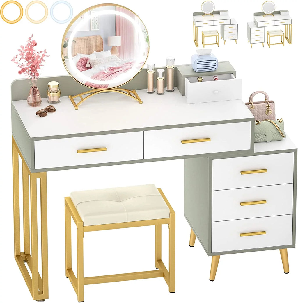 White Reversible Vanity Desk with Lighted Mirror and Stool F738694