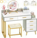 White Reversible Vanity Desk with Lighted Mirror and Stool F738694