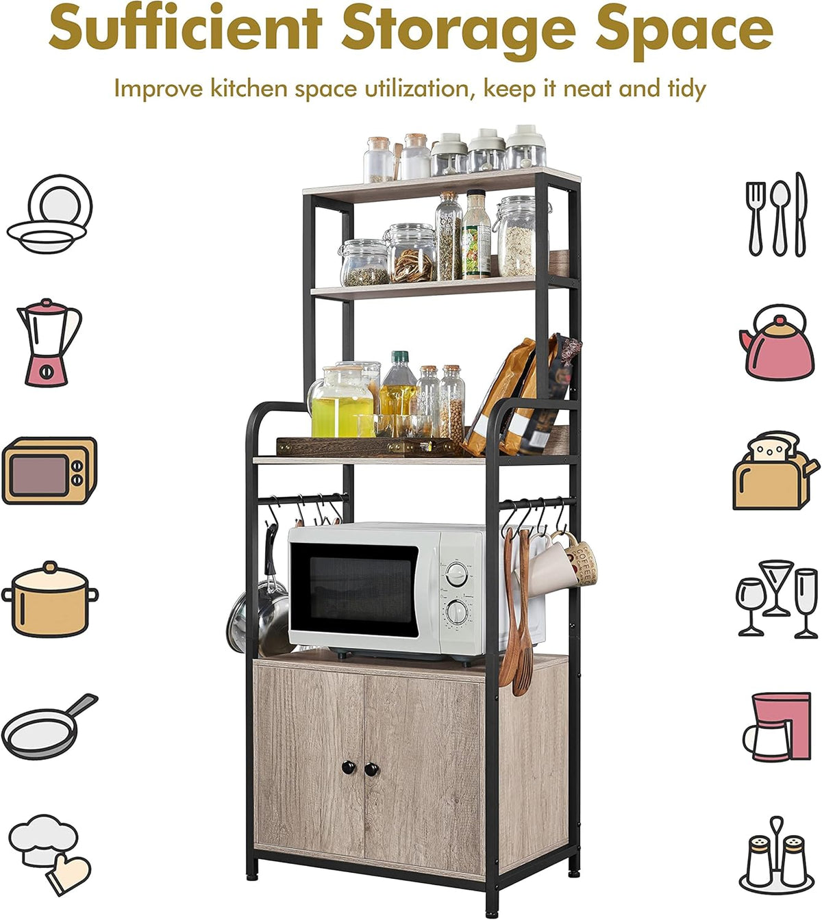 4-Tier Kitchen Bakers Rack with Storage Cabinet and Hutch E709595