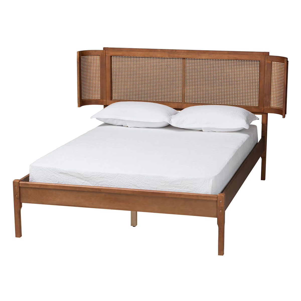 Walnut Brown Wood and Natural Rattan Full Size Platform Bed G49504