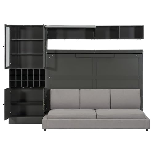 Queen Murphy Bed with Couch and Storage Shelves, Charging Station, LED Light, Wood Foldable Wall Bed Cabinet with Sofa and Storage Cabinet, Bookcase, Wine Rack (White) D3297