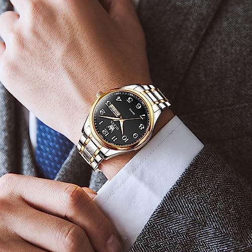 Gold Silver Black Stainless Steel Analog Quartz Watch with Day and Date X38850