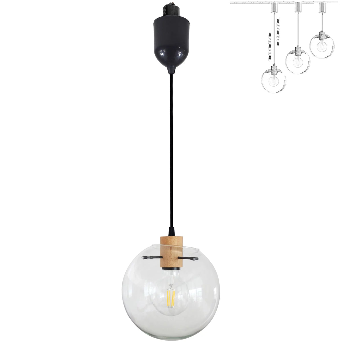 Adjustable Height H-Type Track Lighting Pendant with Clear Glass Globe Shade I3779