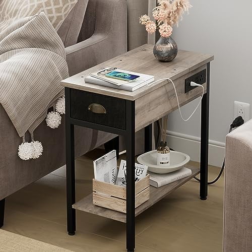 Set of 2 Black Narrow End Tables with Charging Station P28074