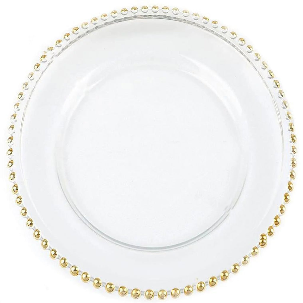 8 Clear 12" Glass Charger Plates Gold Beaded Rim W3635