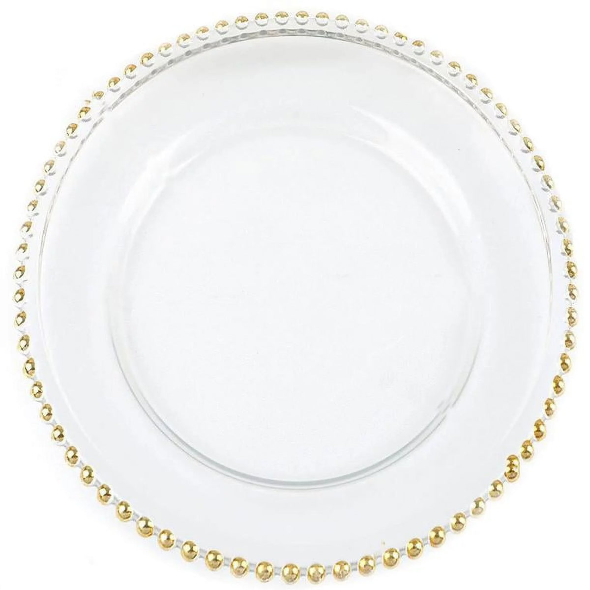 8 Clear 12" Glass Charger Plates Gold Beaded Rim W3635