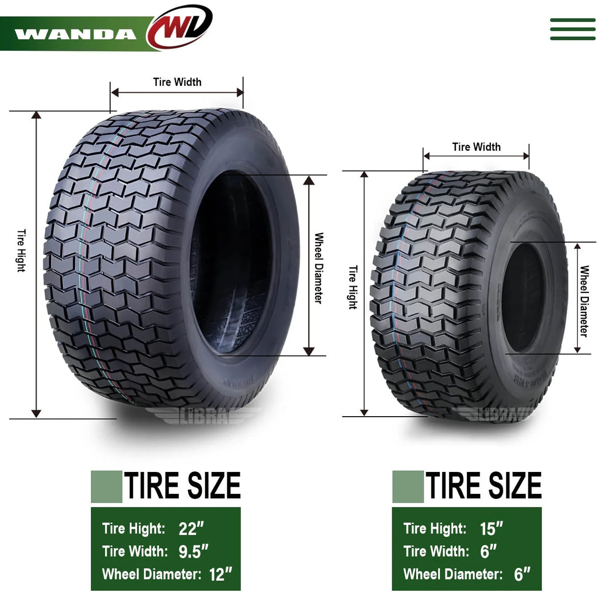 15X6-6 & 22X9.5-12 Lawn Mower Tractor Turf Tires Set 4 P598