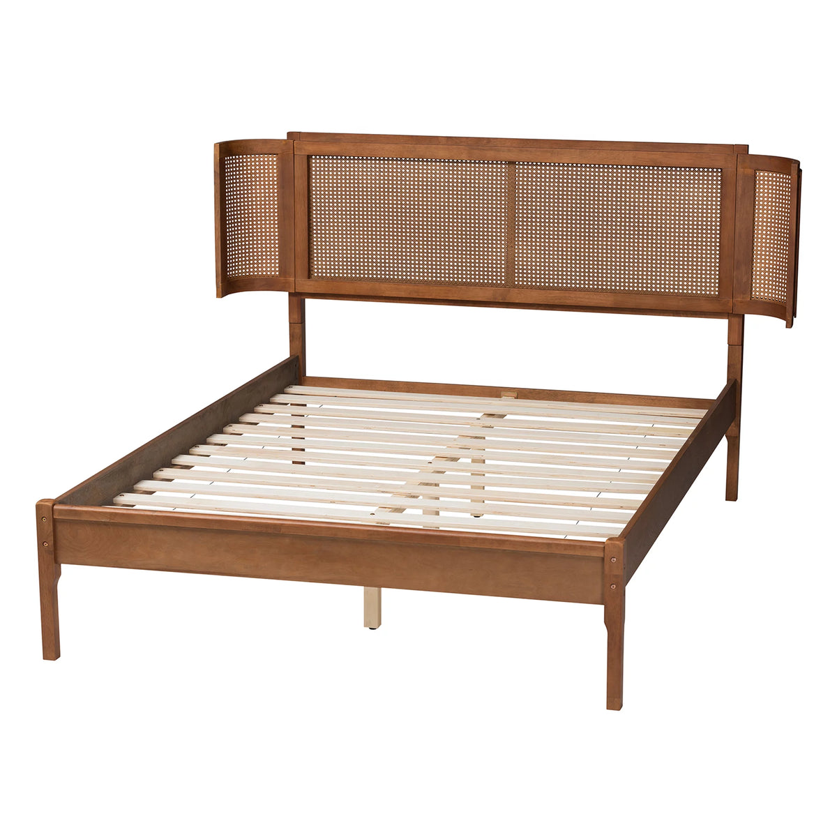 Walnut Brown Wood and Natural Rattan Full Size Platform Bed G49504
