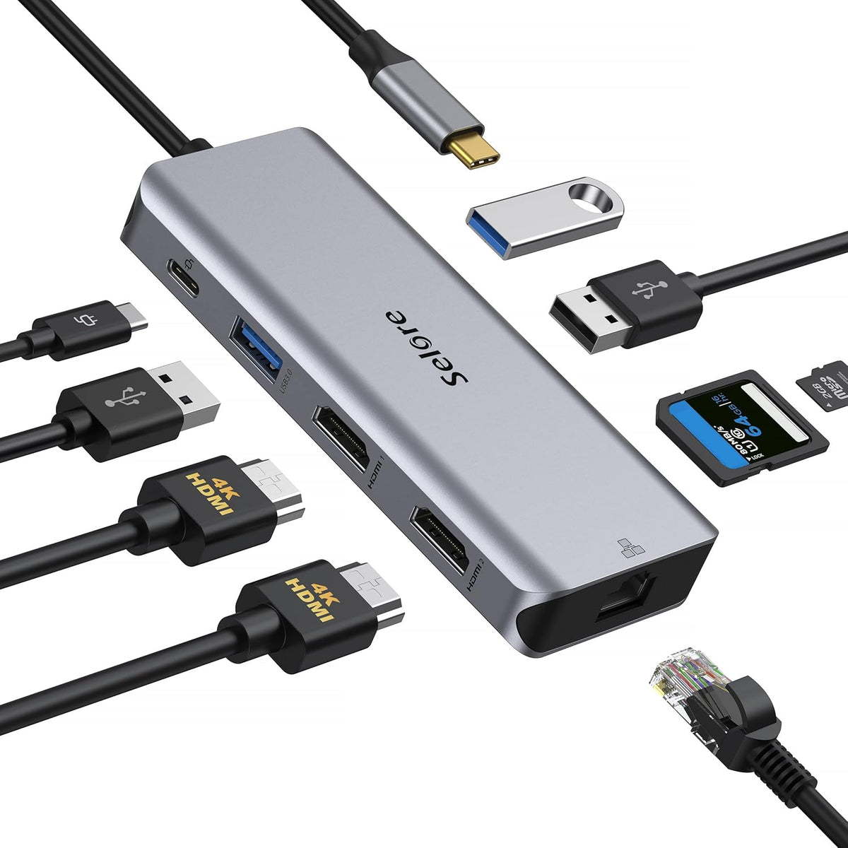9 in 1 USB C Docking Station Dual Monitor Hub with Ethernet, USB 3.0, SD Card Reader, 100W PD U58207