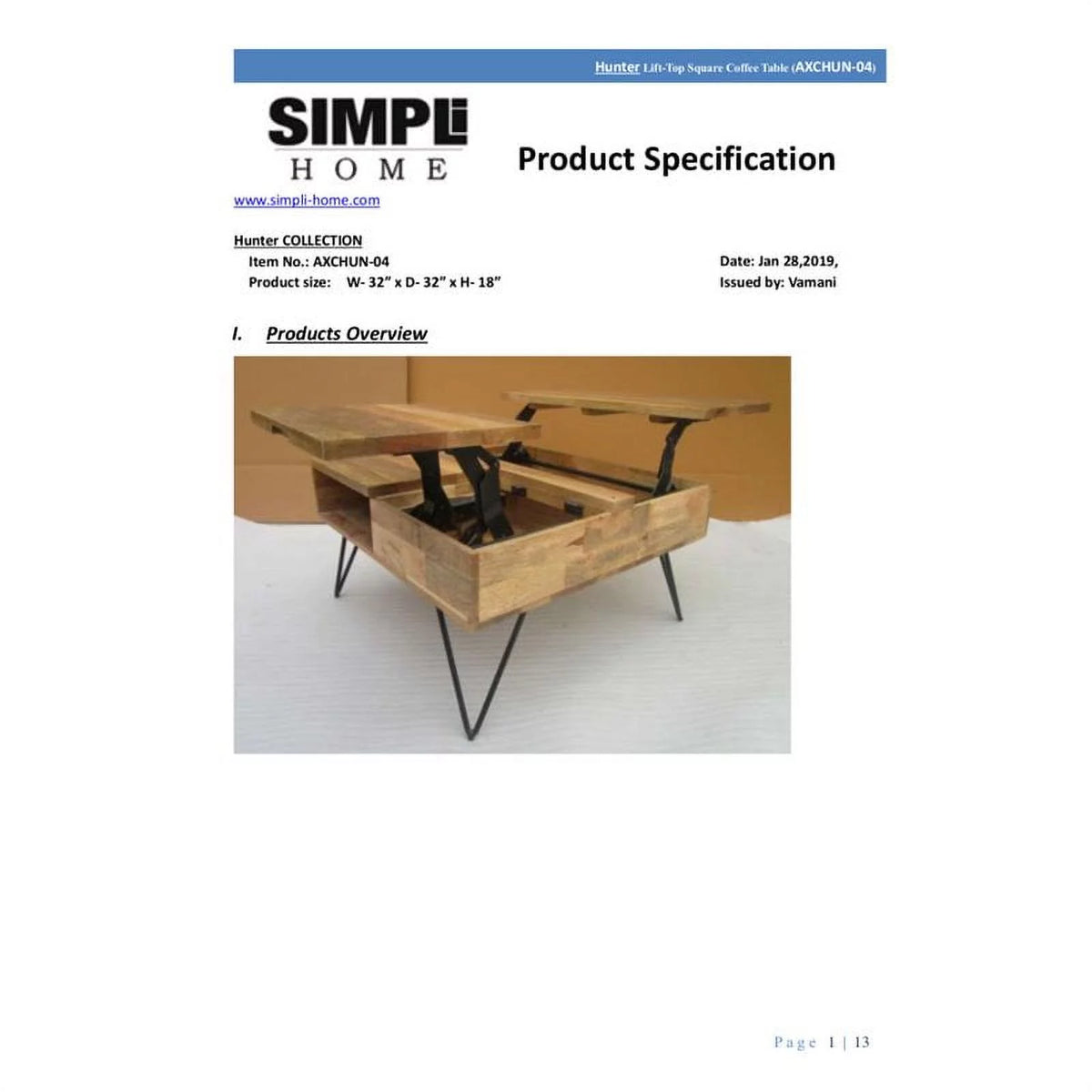 Solid Wood & Metal Lift Top Coffee Table O658763