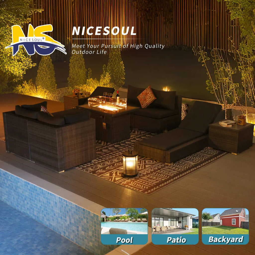 9 Piece Wicker Rattan Patio Sofa Set with Fire Pit Table Q5033