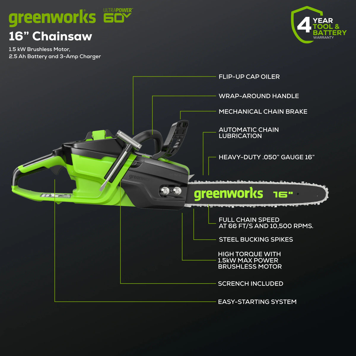 60V Brushless Chainsaw with 2.5 Ah Battery & Charger B86148