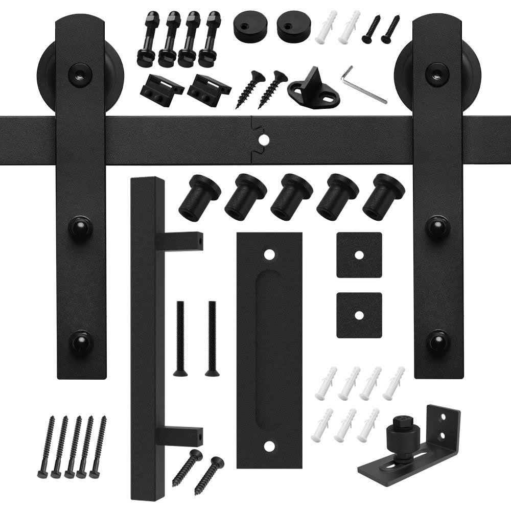 Black Steel Sliding Barn Door Track and Hardware Kit with Square Handle and Floor Guide B46421
