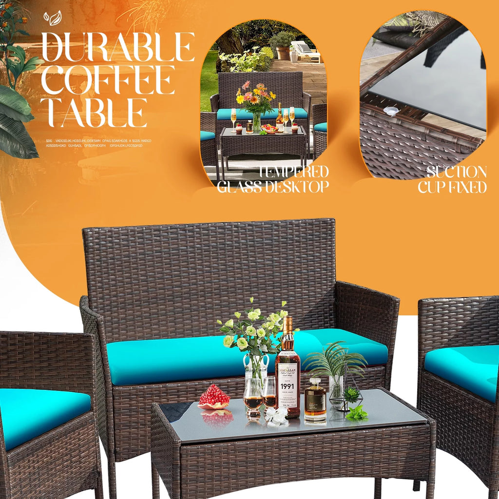 4 Piece PE Rattan Wicker Patio Table and Chairs Set with Cushions J6159