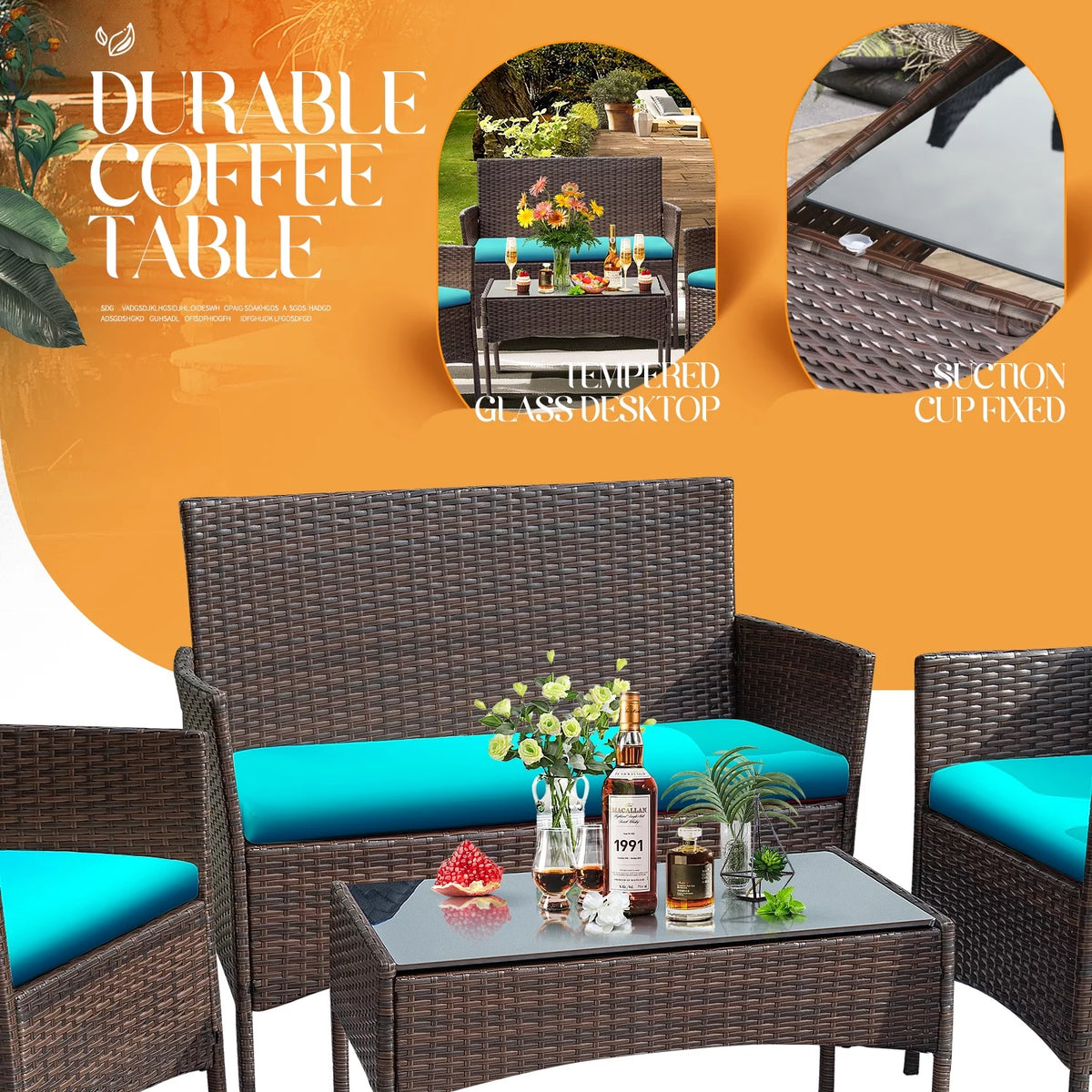 4 Piece PE Rattan Wicker Patio Table and Chairs Set with Cushions J6159
